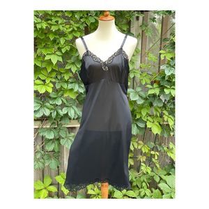 Vintage Undergarment Black Slip Dress Midi Lace Trim